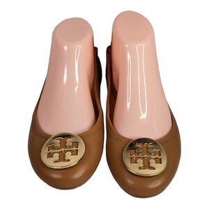 Tory Burch Minnie Royal Tan Leather Travel Ballet Flats Size 8M